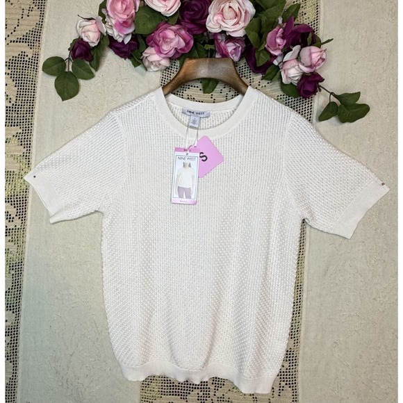 Nine West Sweaters - Nine West Sweater Womens Small White Short Sleeve Textured Knit Pullover Top New
